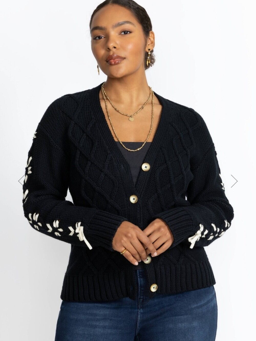 NWT Johnny Was THE ANESSA BOW CARDIGAN Black Cotton Cable Knit Sweater Size 3X